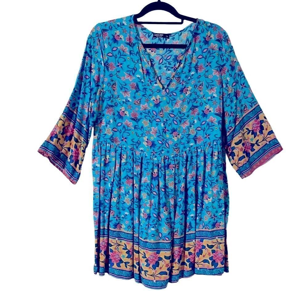 Shein Curve border print aqua, yellow, & pink high waist soft rayon tunic dress